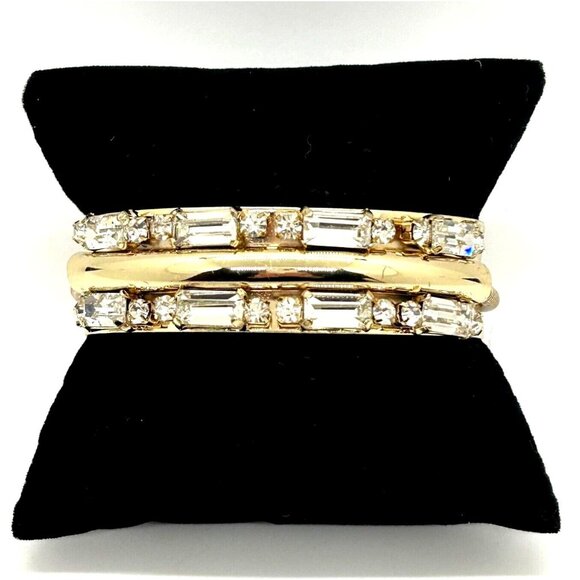 Estate Jewelry - Gold-tone Cuff Bracelet Art Deco Style with Mirror Finish Crystal Baguettes